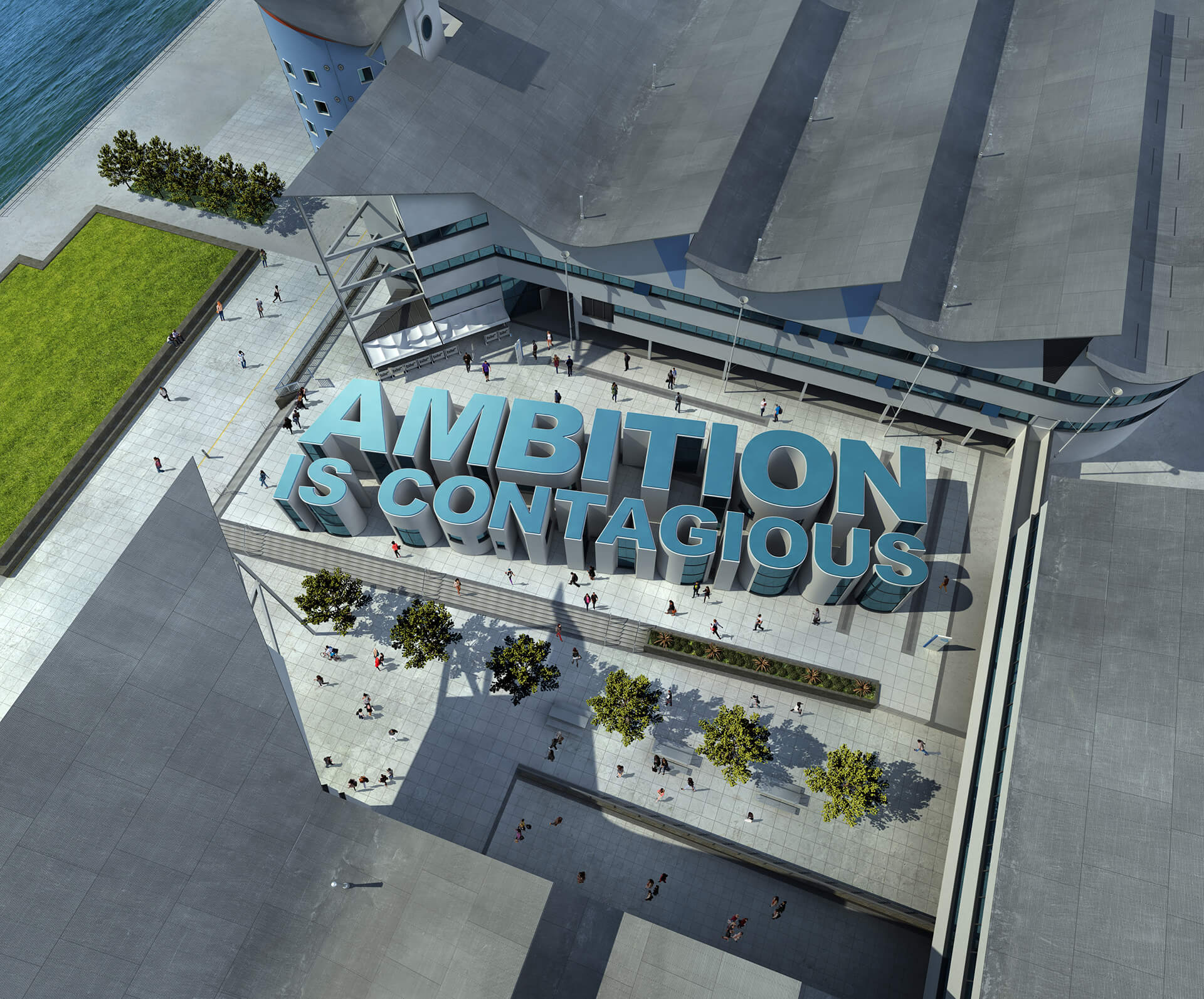 3d text created as a building and built to look like the text 3d model fits seamlessly into a university campus aerial 3d view