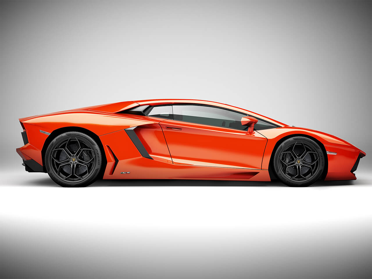 Computer generated image of a Lamborghini sports car painted orange side view
