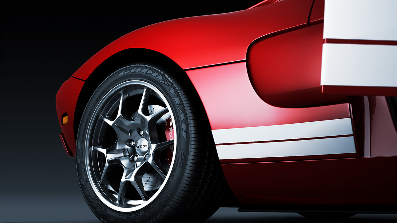 Computer generated image of the wheel of a Ford GT and front side of car