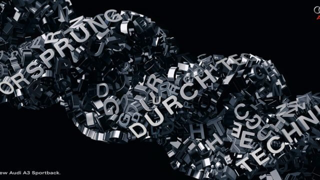 A computer generated twisting word image with lots of letters and spelling out vorsprung durch technik