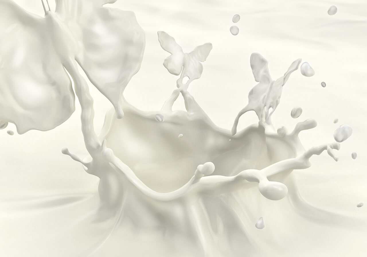 Computer Generated Image of milk liquid splashing and turning into milk butterflies