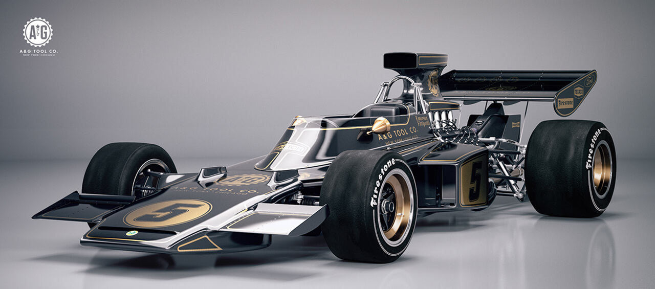 Image of a classic formula one racing car painted black and gold