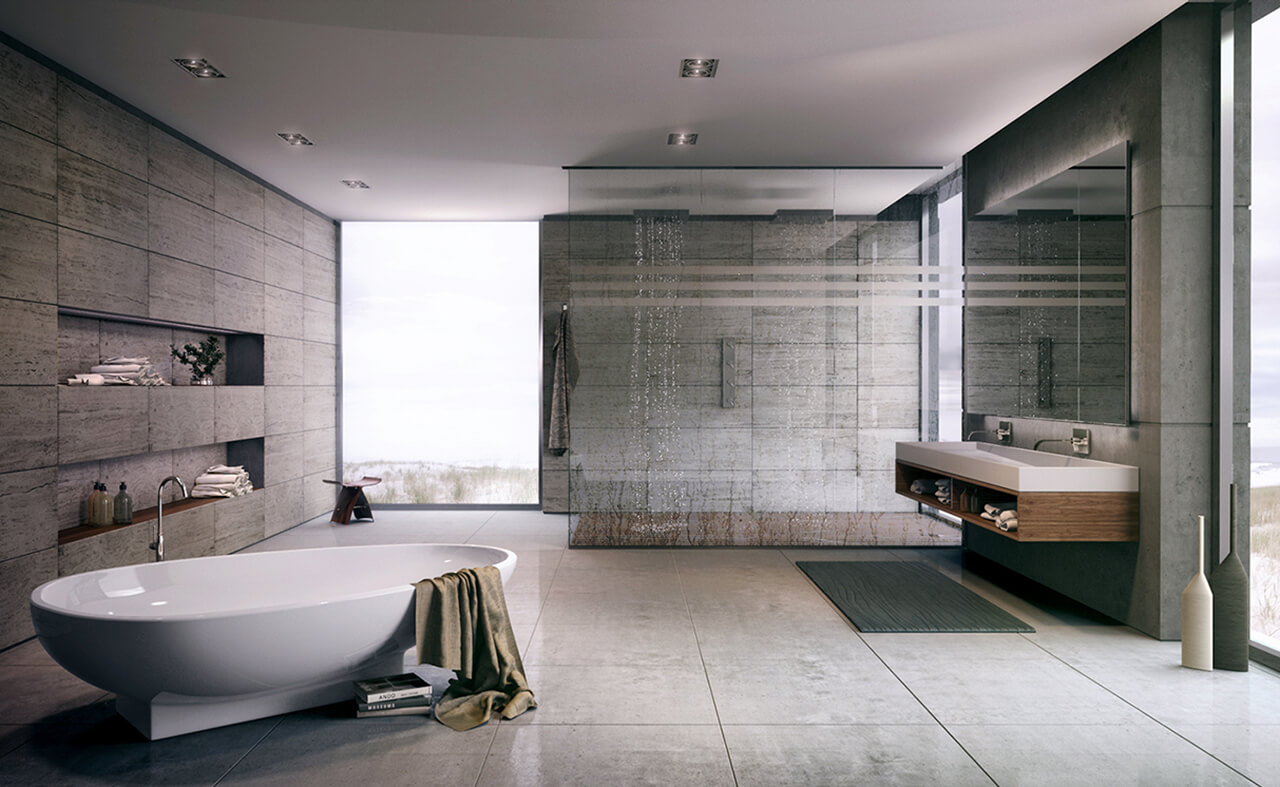 Computer Generated Image Of luxury bathroom with freestanding bath walk in shower