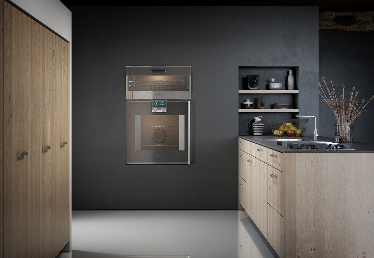 CG Render of modern kitchen with oven built into chimney breast
