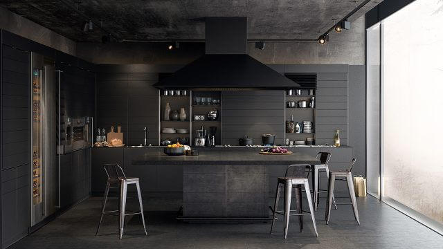 Computer Generated Interior Render Of Modern Kitchen Finished in Mat Black