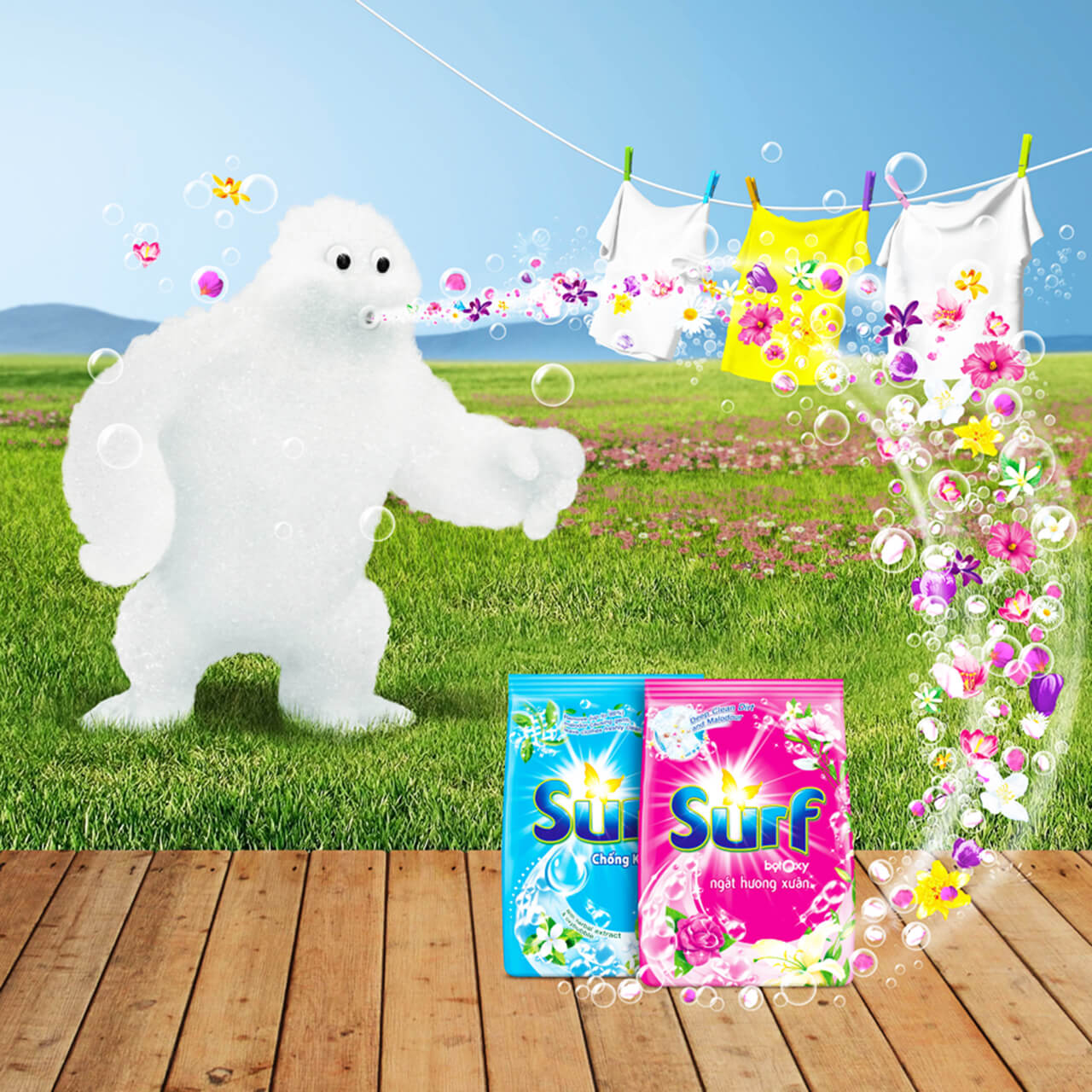 Computer Generated Image of a friendly monster made from foam blowing bubbles made of flowers into a pack of washing powder on a decked patio in a garden with washing hanging out to dry