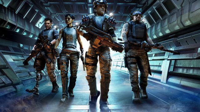 Video Game Computer Generated illustration of sci fi marines with weapons walking inside a futuristic spaceship