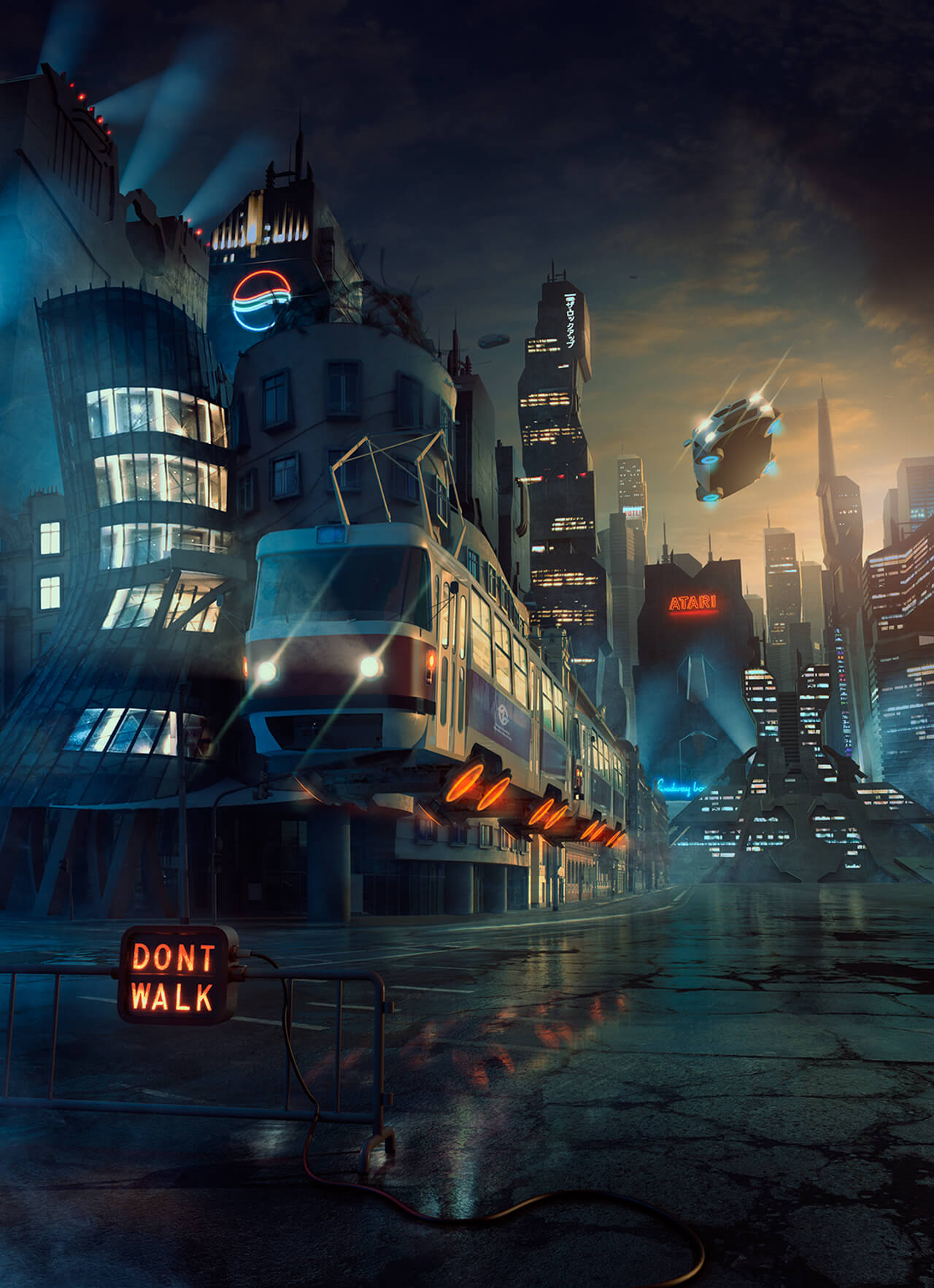 Computer generated image of a futuristic street at night with flying car and flying tram