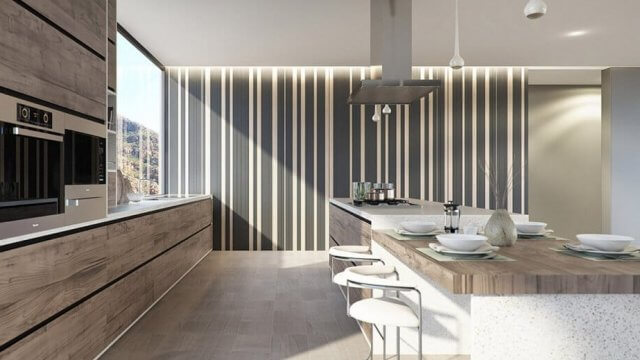 Stylish Kitchen Interior With Feature Striped Wall