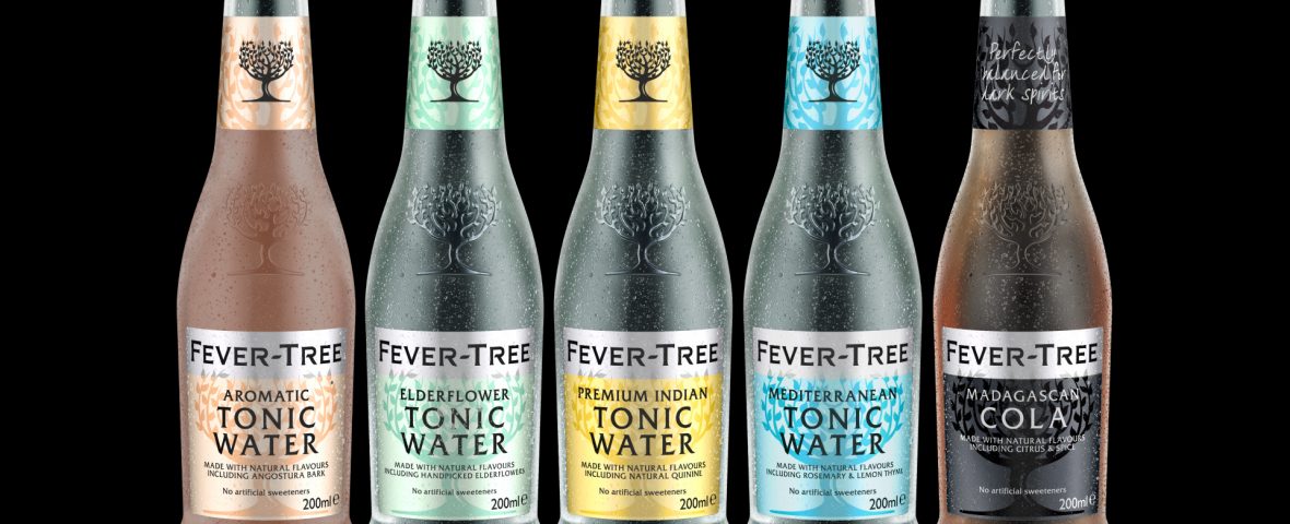 Creating CGI Bottles For Fever Tree, Image showing 5 CGI bottles from the Fever-Tree Range on a black background