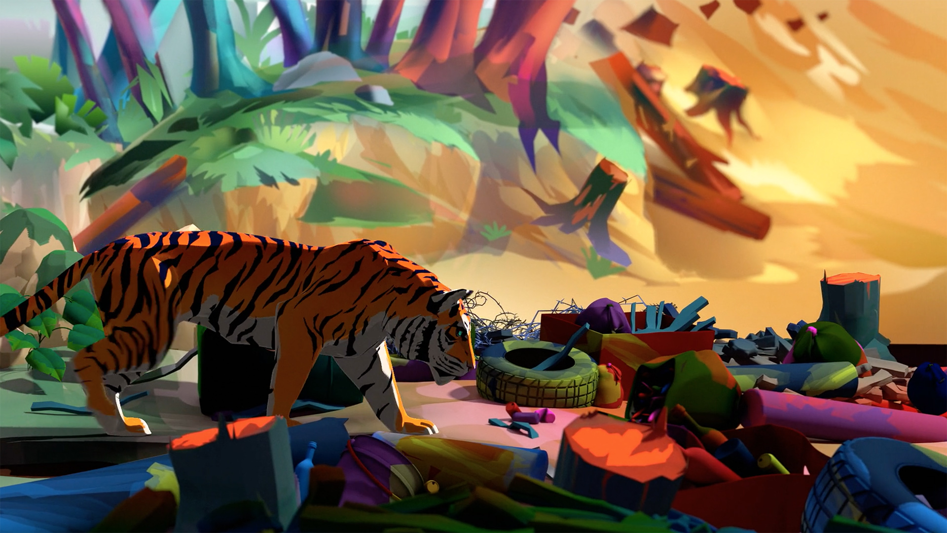 360 virtul animation of tiger walking through fantasy world