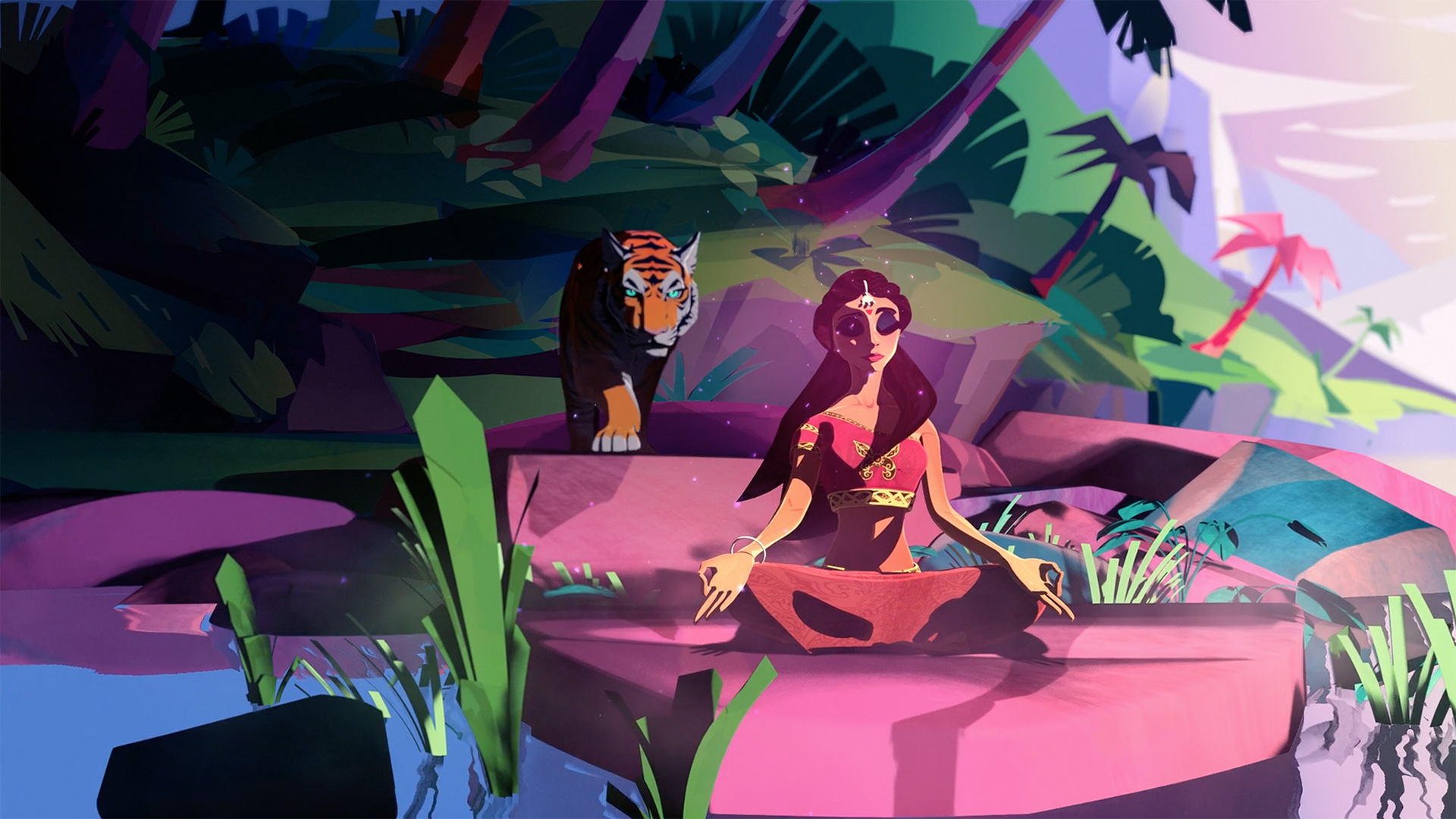 360 virtual animation of woman praying in front of tiger