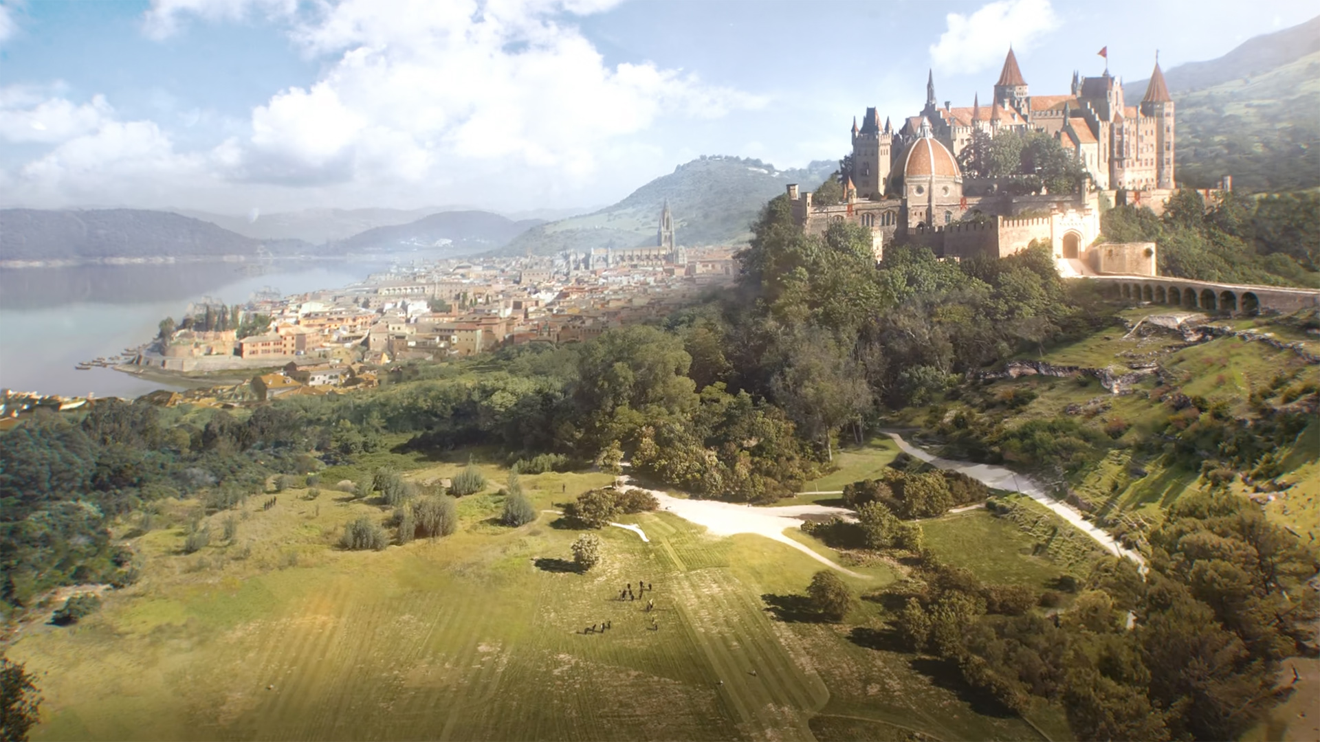 360 virtual environment showing fantasy castle on hilly forest landscape