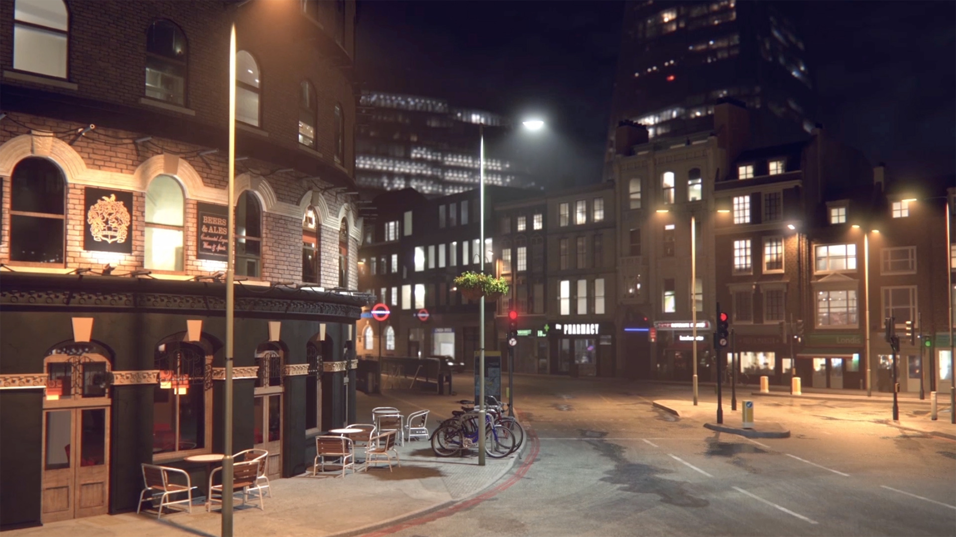 360 virtual animations showing cgi city scene at night