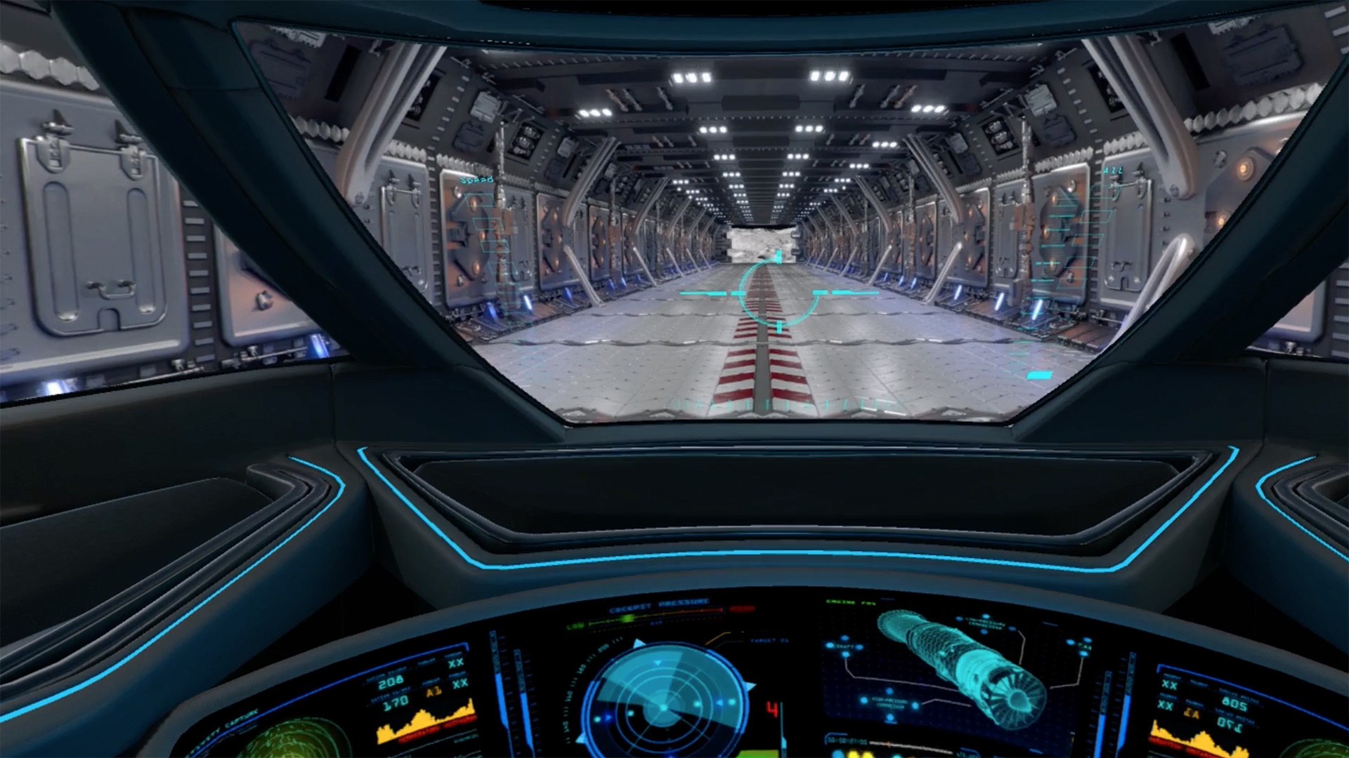 360 virtual animations showing spaceship cockpit ready to take off