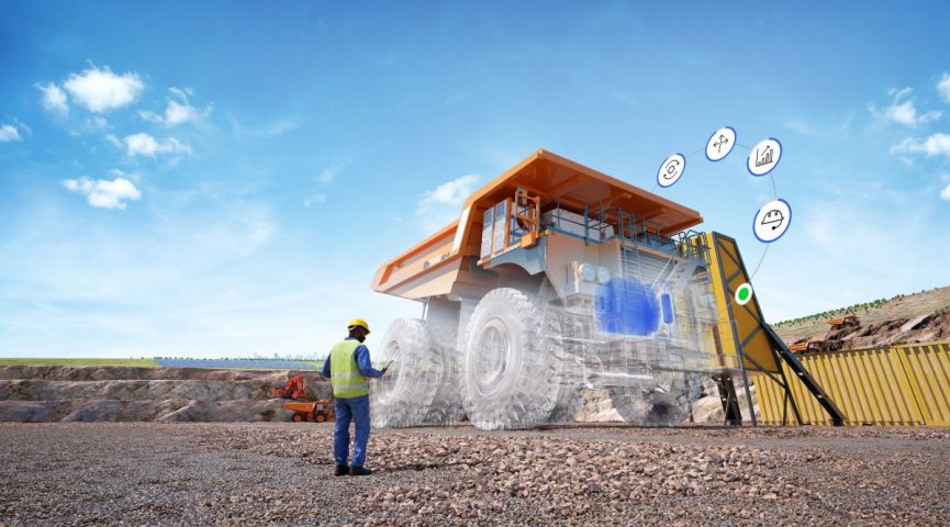 3D Rendered Mining Key Visual Showing Engineer looking at Truck in quarry