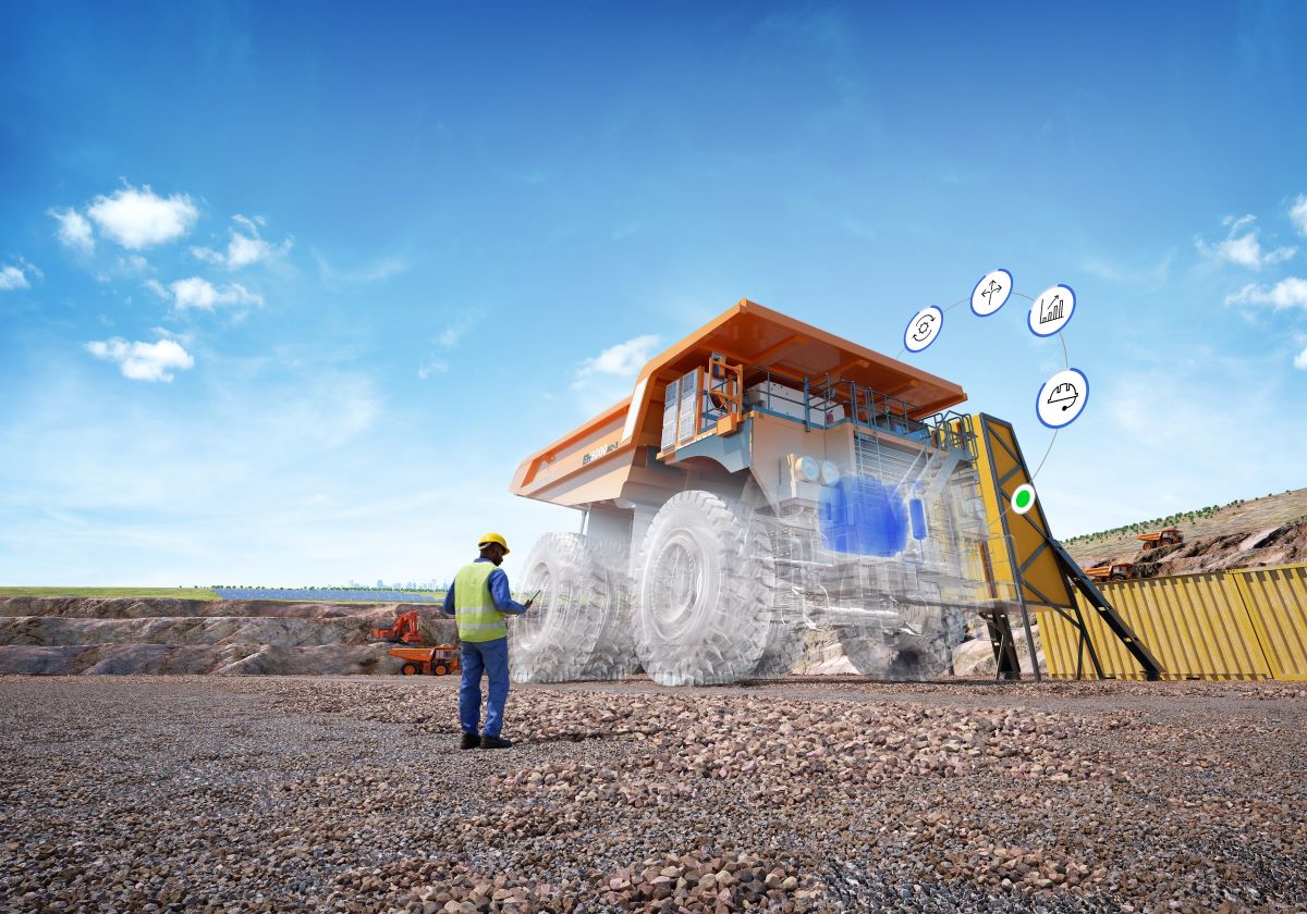 3D Rendered Mining Key Visual Showing Engineer looking at Truck in quarry