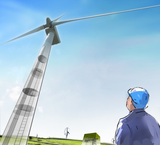 Renewables Scamp -sketch of engineer looking at wind farm