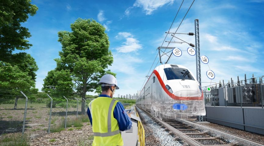 3D Rendered Transport Key Visual Showing Engineer looking at train