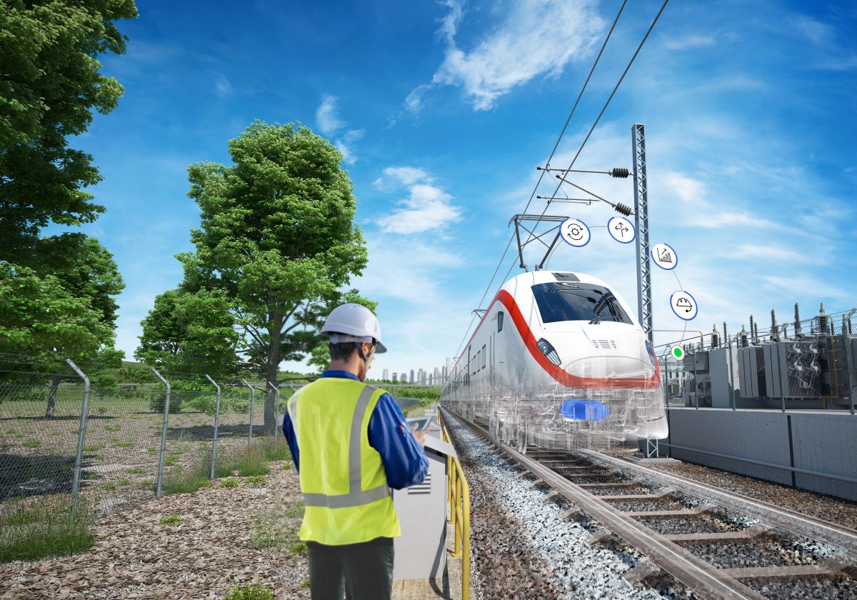 3D Rendered Transport Key Visual Showing Engineer looking at train
