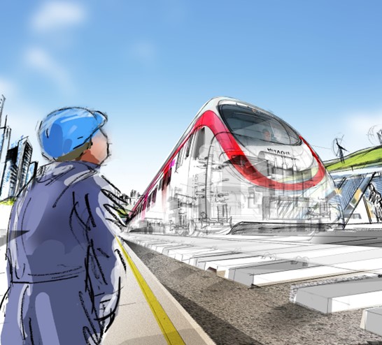 Transport Scamp - sketch of engineer looking at train