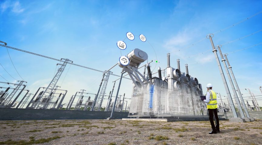 3D Rendered Utilities Key Visual Showing Engineer looking at Power generator