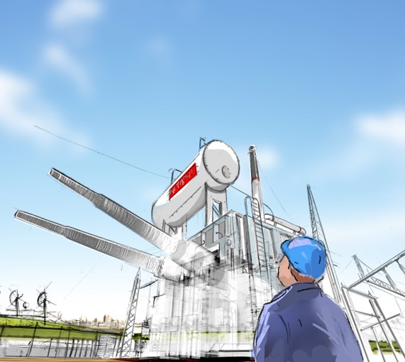 Utilities Scamp- sketch of engineer looking at power generator