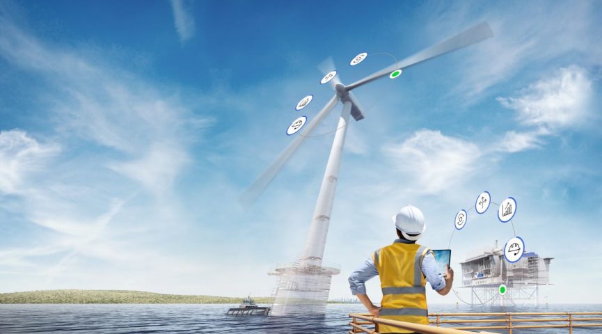 3D Rendered Renewables Key Visual Showing Engineer looking at wind farm