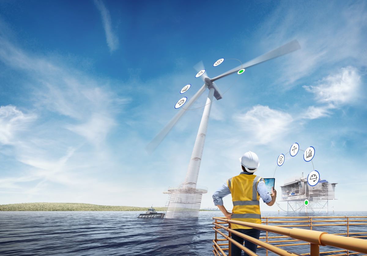 3D Rendered Renewables Key Visual Showing Engineer looking at wind farm